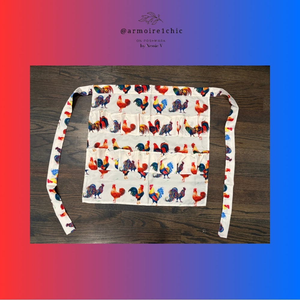 APRON | with 8 front pockets | Colorful Rooster Pattern Design | ties at waist